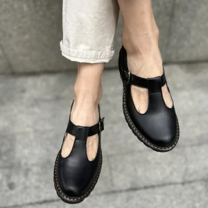 Black Leather T-strap Mary Jane Flats