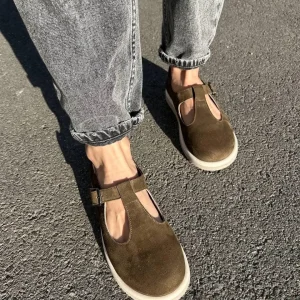 Olive Suede Mary Janes: Wide Toe Box T-strap Flats