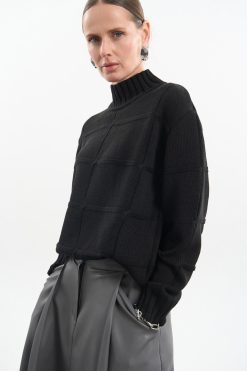 Wool Sweater Textured Mock Neck Knit Jumper Elegant