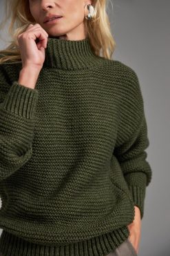 Relaxed Fit Wool Sweater High Neck Ribbed Trim