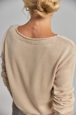 Boatneck Cotton Pullover Relaxed Fit Sweater Long Sleeve