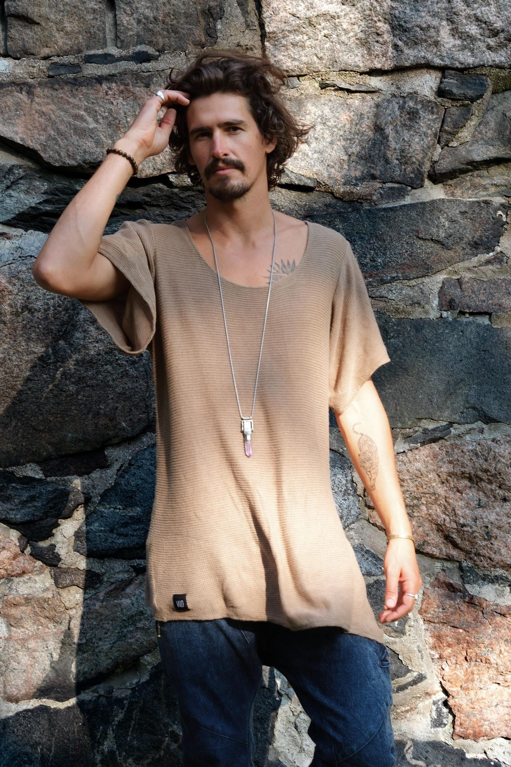 Hand Knit Cotton Tshirt Men: Bohemian Beach Shirt