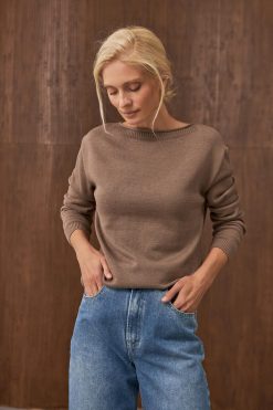 Boatneck Cotton Pullover Relaxed Fit Sweater Long Sleeve