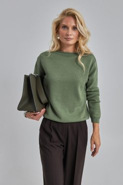 Boatneck Cotton Pullover Relaxed Fit Sweater Long Sleeve
