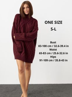 Oversized Cable Knit Turtleneck Sweater Long Winter Pullover