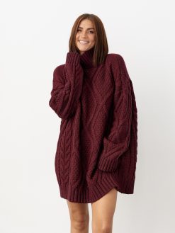 Oversized Cable Knit Turtleneck Sweater Long Winter Pullover