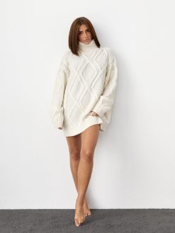 Oversized Cable Knit Turtleneck Sweater Long Winter Pullover