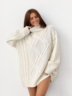 Oversized Cable Knit Turtleneck Sweater Long Winter Pullover