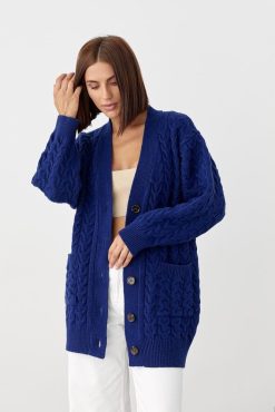 Merino Wool Cardigan Chunky Cable Knit Sweater Long