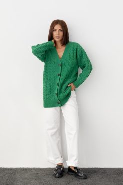 Merino Wool Cardigan Chunky Cable Knit Sweater Long