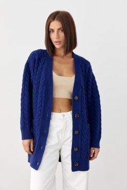 Merino Wool Cardigan Chunky Cable Knit Sweater Long